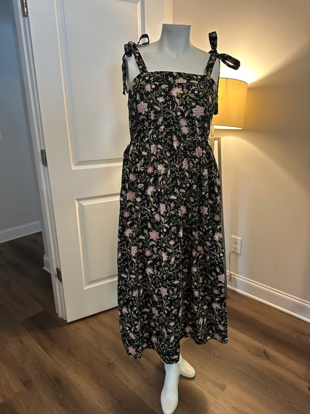 Joie Black Maxi Dress with Pink Floral Pattern and Tie Straps